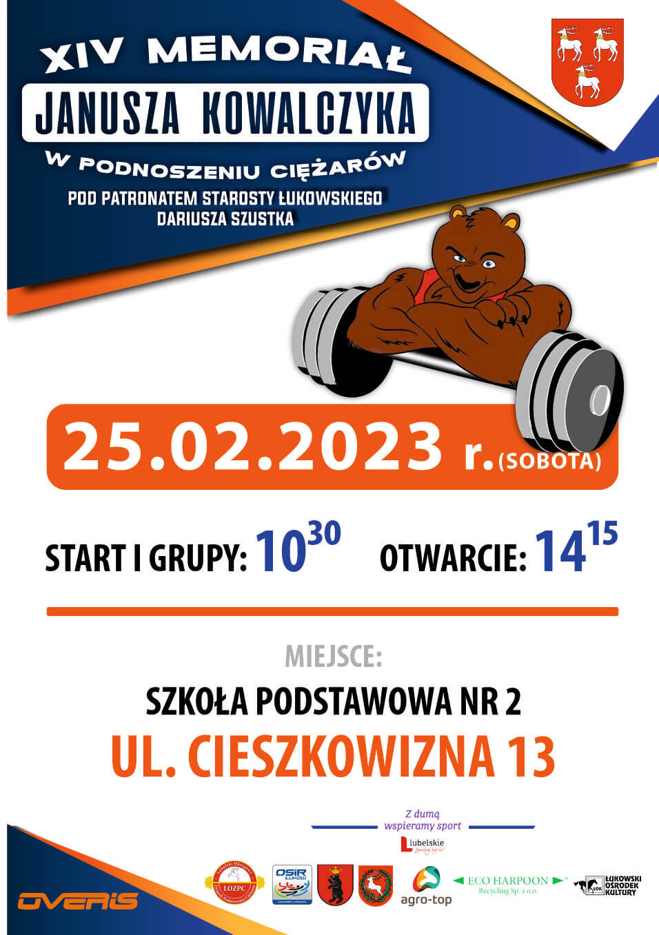 Plakat 15. Międzynarodowego Memoriału Janusza Kowalczyka w podnoszeniu ciężarów.