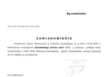 Potwierdzono przypadek ASF w powiecie łukowskim w gminie Wojcieszków.